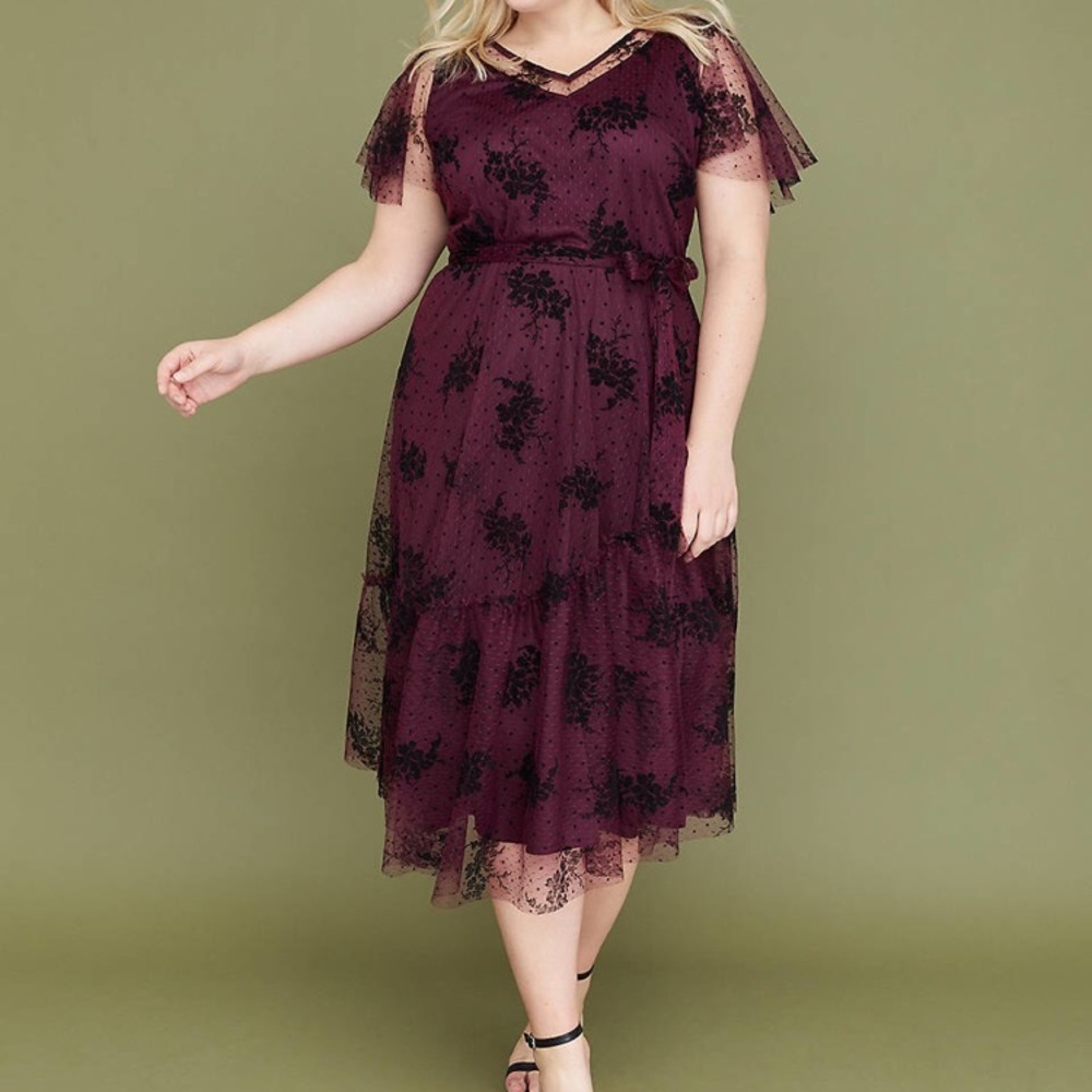 Flocked Mesh Midi Fit & Flare Dress NWT